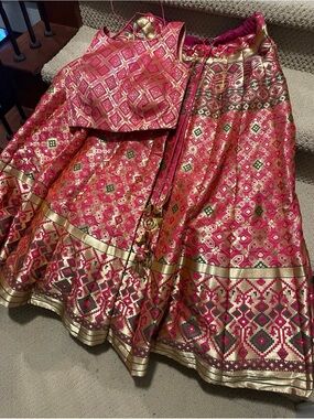 Pink and Gold Brocade A-Line Women's Lehenga Choli